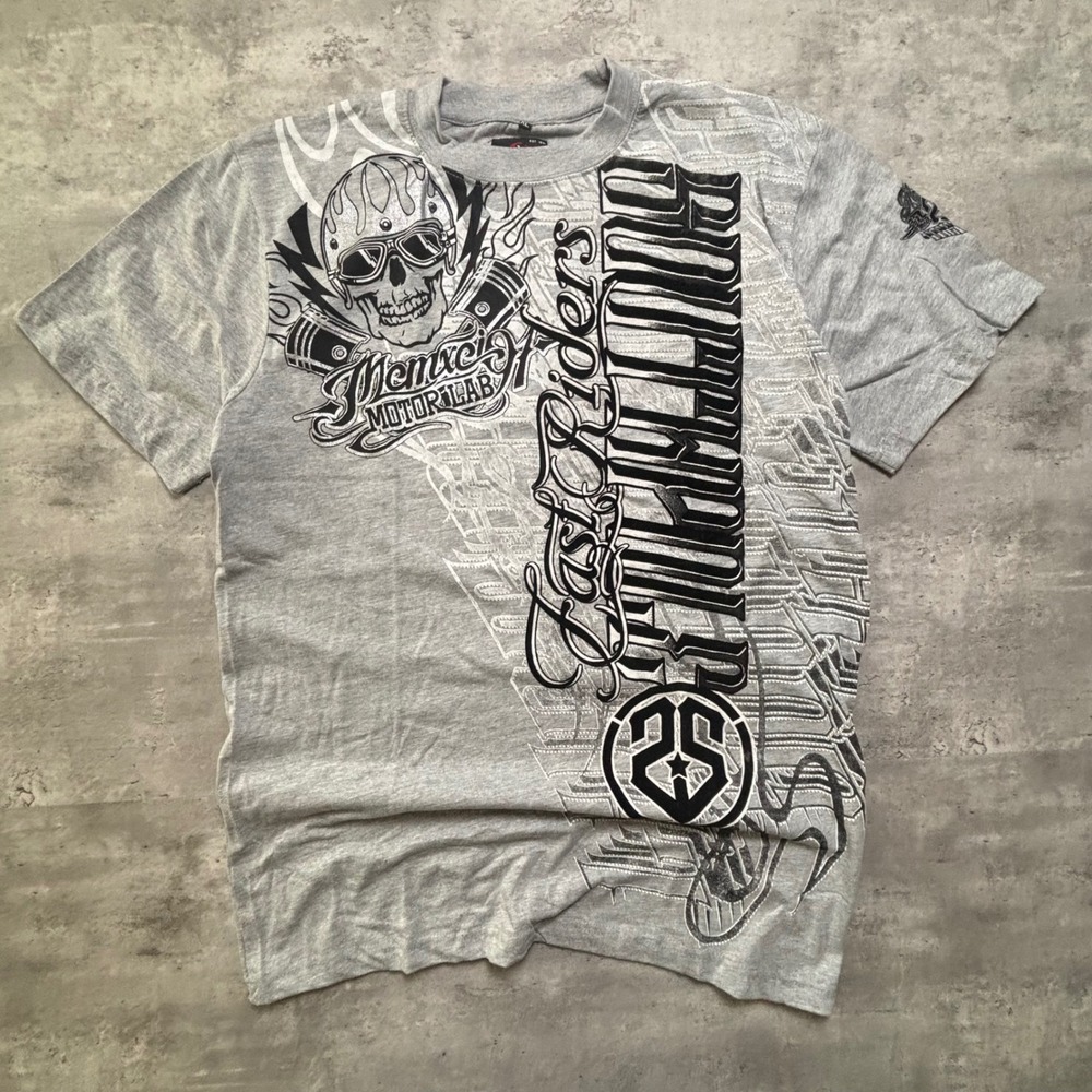 Southpole Premium Graphic T-Shirt XL Gray Biker Skull Fast Riders Streetwear